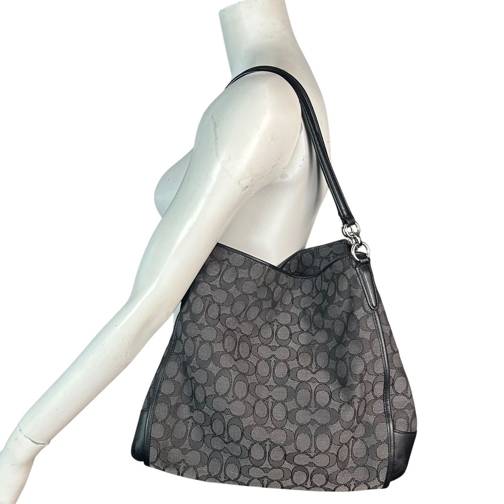 Y2K Coach Signature Logo Canvas Hobo Shoulder Bag Triple Compartment Black Grey